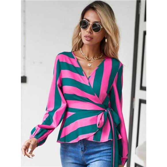 Striped Wrap Blouse with Tie Detail - Picture 5 of 8